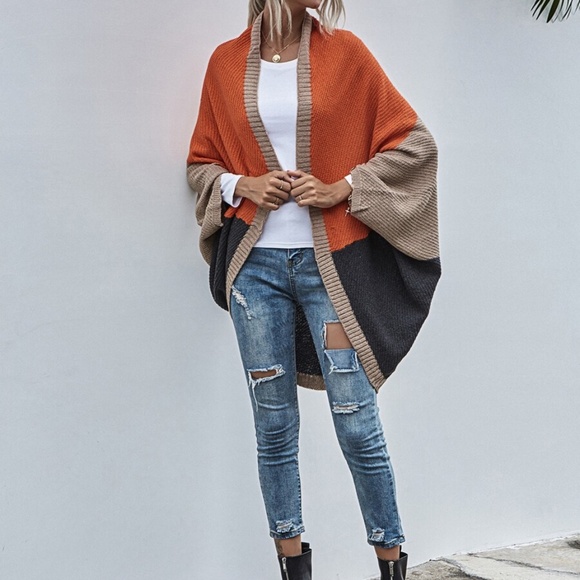 color block open front dolman style fall cardigan - Picture 8 of 11